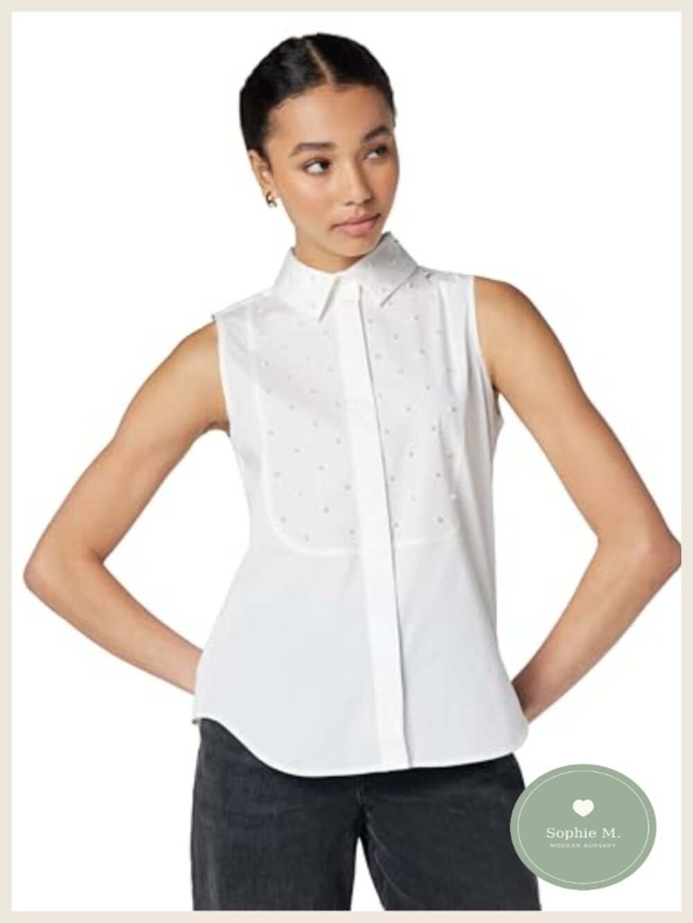 Karl Lagerfeld Sleeveless Collared Button Front Blouse Pearl Embellished Cotton